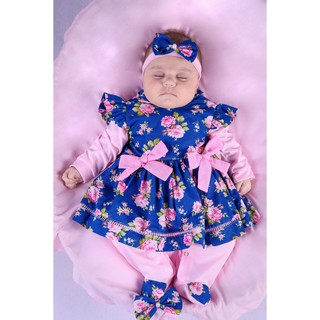 Saída de Maternidade Para Bebe Menina Rosa 04 peças Floral Beatriz Azul Roupas Para Bebê