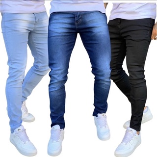 Calça jeans masculina skinny com lycra várias cores preta azul claro e azul escuro