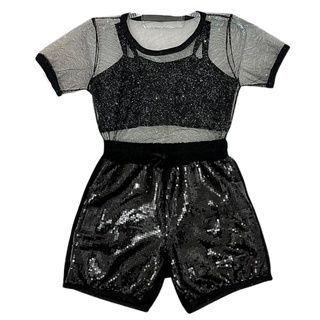 Conjunto infantil blusa em tule com glitter e short paetê moda para menina blogueirinha 3 peças (1)