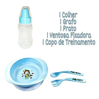Kit 5 Peças Prato Infantil com Ventosa + Talheres + Copo de Treinamento (1)