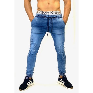 calça masculina Jeans azul médio rasgado jogger barata OFERTA