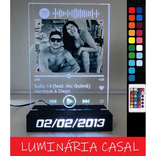 Luminária Spotify Personalizada Casal Namorados Amizade Foto LED RGB Personalizada Com Nome - Base MDF