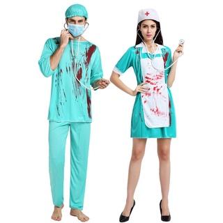 Adulto Traje De Halloween Cosplay Branco Vestido Médico Com Sangue Horror Enfermeira Masquerade (4)