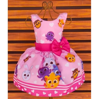 Vestido festa infantil desenho bolofofos rosa personagens temático princesa 1 aninho