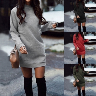 FM Autumn Winter Women's Fashion Round Neck Long Sleeve Thicken Hoodies Plus Size Pure Color Sweater Dresses (1)