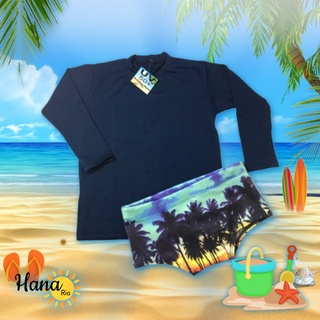 Camisa de proteção solar UV 50 azul marinho + sunga coqueiros infantil/juvenil