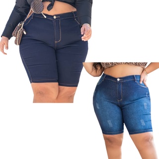 Kit 2 Bermudas Jeans Feminina Cós Alto Com Lycra Moda Maior Plus Size Com Elastano
