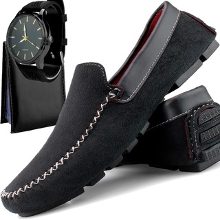 Mocassim Masculino Sapato Sem Cadarço Preço Baixo Kit Com Carteira E Relógio De Pulso