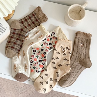 Vintage Rhombus Socks for Women Tube Socks Autumn and Winter Thin Cotton Socks Cute Japanese Style Lace SocksinsFashion Stockings