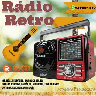 Rádio Retro Buetooth 4 Faixas Am/fm Portátil, Usb Pendrive, Cartão Sd