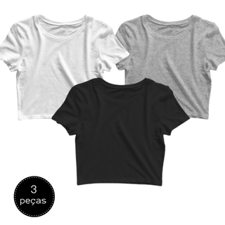 Kit 3 Blusas Feminina Cropped Camiseta Lisa Básica Preto Branco Cinza (1)