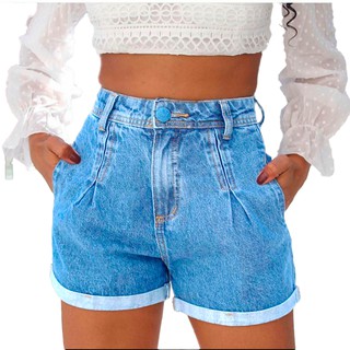 Short Feminino, Short Jeans Cintura Alta Com Bolso real