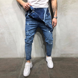 Moda Masculina Rasgado Skinny Bib Mostrar Calça Jeans Casual Denim Macacão (3)