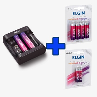 Kit carregador de pilhas Elgin com 6 pilhas AA e 2 pilhas AAA palito recarregáveis