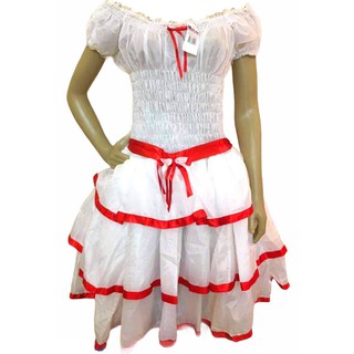 Vestido Festa Junina de Noiva, Festa de São João Caipira - Dança Quadrilha - Xadrez Adulto e Plus Size Branco com Coração Vermelho Curto