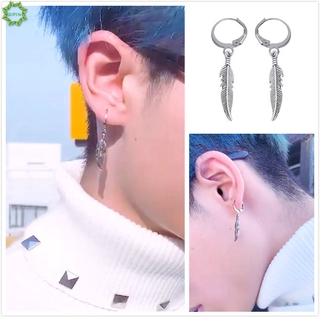 Qipin Brinco De Argola Com Pena Unissex De Cor Prata | Qipin Korean Simple Punk Feather Hoop Ear for Women Men Silver Color Earrings Jewelry