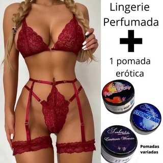 Conjunto Luxo Com cinta liga + Pomada erótica - Lingerie luxuosa