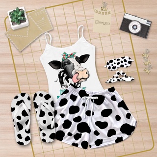 Pijama Baby Doll Curto de Verão Estampa Vaca + Chinelo e Brinde (1)