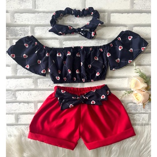 conjunto infantil blusa + short + tiara para meninas moda blogueirinha pronta entrega
