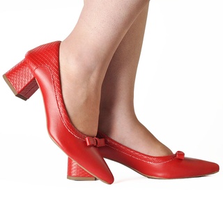 Scarpin Feminino Bells Vermelho Salto Bloco Grosso Baixo 5 cm Sapato Social Confortável