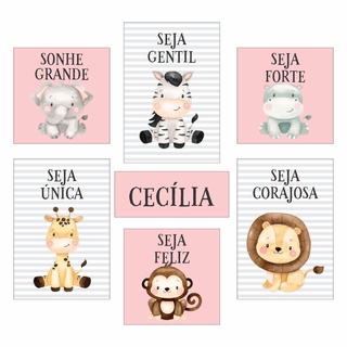 Quadros Decorativos Placas para Quarto de Bebe Menina Rosa Safari Aquarela Cecilia Mdf