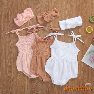 ✨-0-18m Baby Girls Cotton Linen Ruched Solid Color Sleeveless Rompers + Headband