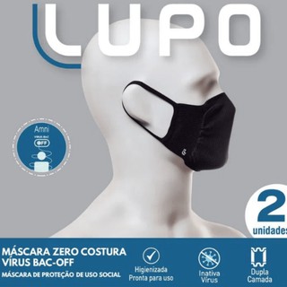 Máscara Anti-vírus Lupo Adulto com 2 unid pretas, duplo tecido lavável e reutilizável