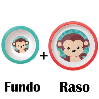 Kit Prato Raso E Fundo Infantil Macaco Redondo com Desenhos Para Refeição de Crianças/ Bebês menina Pratinho