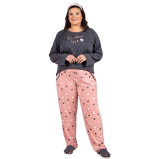Pijama Feminino Plus Size De Inverno Blusa Estampada e Calca Longa Com Bolso Confortavel Quentinho