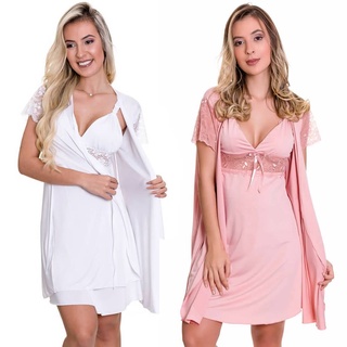 KIT 2 Camisolas Amamentação Maternidade com Robe Amamentar Branco + Rosa Moda de Baixo - ES206-207-V08