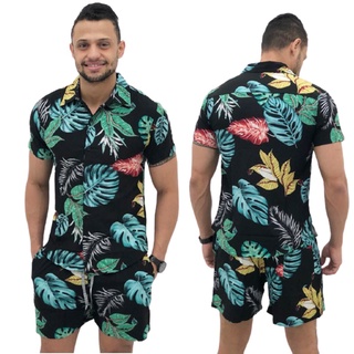 kit 2 conjunto masculino floral camisa social moda praia + shorts mauricinho verao (5)