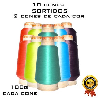 Kit com 10 cones de Fio Colorido Sortido / Preto / Branco ou Cores padrão Costura em Overloque 100g Cada- Total 1kg Interloque, interlock, Overlock, Galoneira