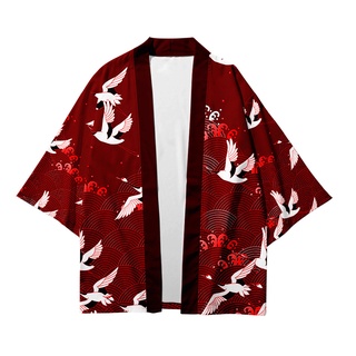 Guindaste Vermelho Impressão Quimono Japonês Cardigan kimono Homens Mulheres Harajuku Robe Cosplay Tops Blusa Yukata Praia Unisex