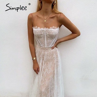 Simplee Sexy Lace Branco Mulheres Verão Maxi Vestidos Elegantes Spaghetti Strapless Vestido Longo Vestido De Malha Feminino 2021