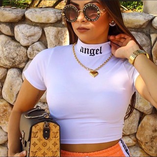 Cropped feminino de gola alta manga curta Angel moda blogueira