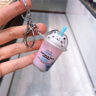 Cartoon Cute Cat Car Keychain Creative Milk Tea Cup Liquid Crystal Quicksand Sequin Key Ring Bag Pendant for Women Bag K (6)