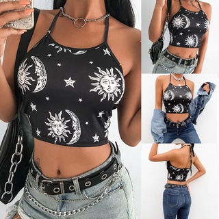 Fashion Women Sexy Halter Crop Tops Summer Bohemia Moon and Star Printing Camisole Casual Backless Black Vest Tops
