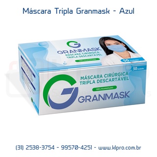 Máscara Descartável Tripla - Azul - Cx C/50 - Granmask - Com registro na Anvisa.