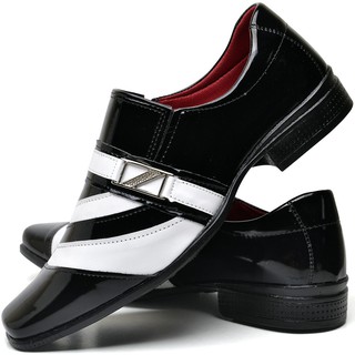 Sapato social preto com detalhe em branco, enverniazado