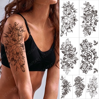 Realistic Flower Waterproof Temporary Tattoo Stickers 3D Rose Lotus Line Jasmine Floral Tatto Body Art Fake Tattoos (1)