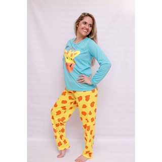 Pijama Feminino Longo de Frio Inverno Comprido Estampado Fechado Girafa