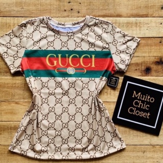 T-Shirt Camiseta Feminina G Plus Size 46-50 Marcas Famosas Estampa Sublimada Gucci Dior Tommy Inspiração Blusa