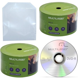 50 Midia Dvd-r Virgem Multilaser 4,7gb C/Logo+50 Envelopes De Plástico Transparente