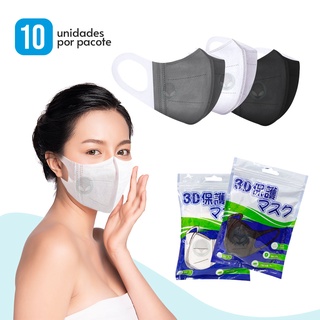 Kit 10 máscaras descartável 3 camadas de proteção modelo 3D com elástico macio