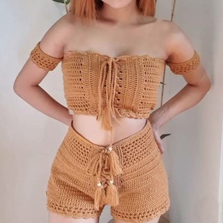 conjunto de croche short e top cropped amarração