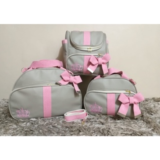 Kit Bolsa de Maternidade Luxo com Laço com mochila 2 em 1 tema coroa menina rosa