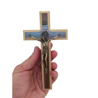 Cruz Crucifixo Madeira Metal 18 cm Parede Porta Cruz Sao Bento