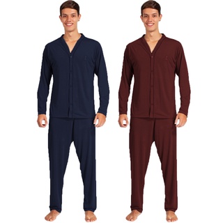 Kit 2 Pijama Extra Grande Masculino Longo Adulto Camisa Manga Longa Calça Comprida Malha Lisa Plus Size EG 040LA