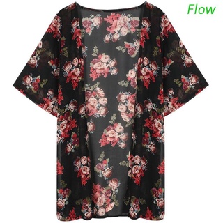 Flow Feminina Verão Kimono Longo Cardigan Chiffon Solto Blusa Floral Impresso