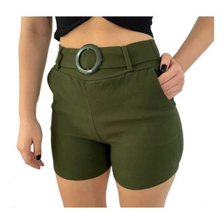 Short Feminino Shorts Com Cinto Cintura Alta Bolso Moda Verão (7)